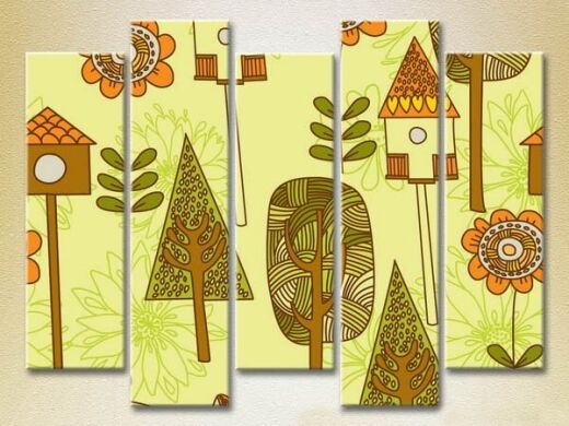 Pictură Rainbow Polyptych Trees and Birdhouses 04 (2231769)