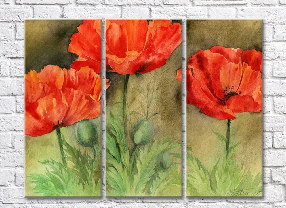Картина Rainbow Red poppies on a green background watercolor drawing (500347)