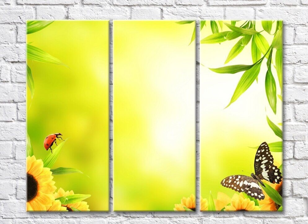 Картина Rainbow Variegated butterfly and ladybug on a yellow green background with plants (500509)