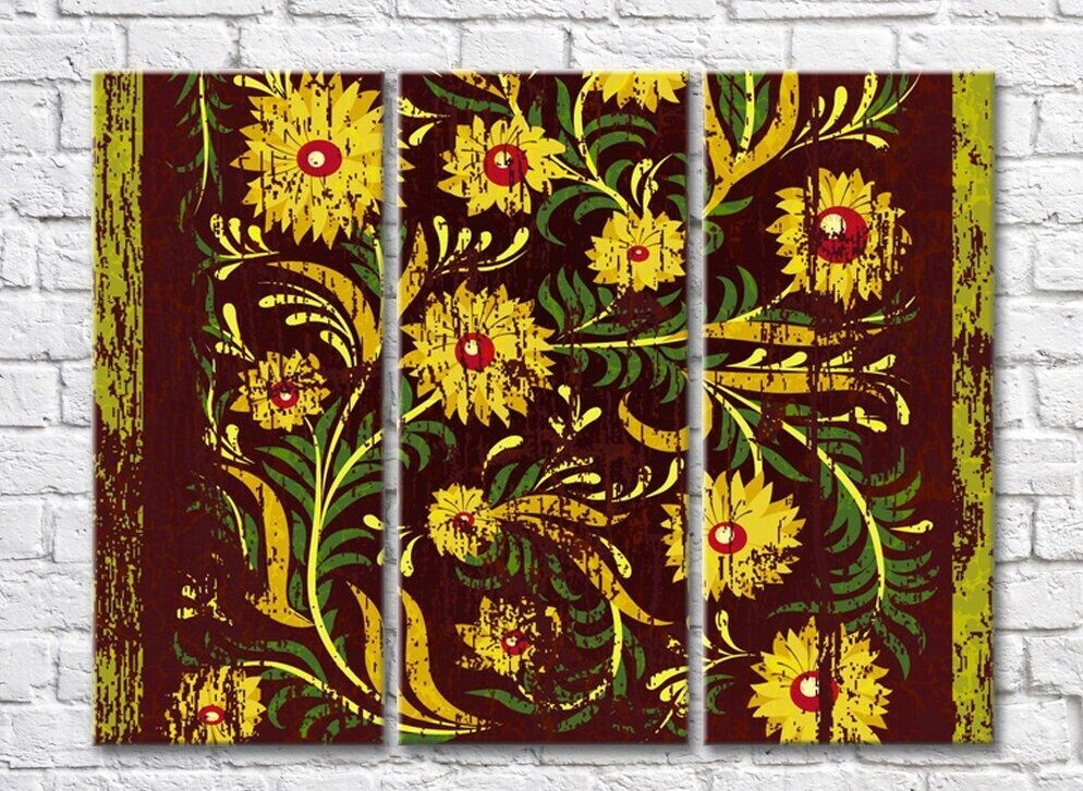 Картина Rainbow Yellow-green floral print on brown background (500278)