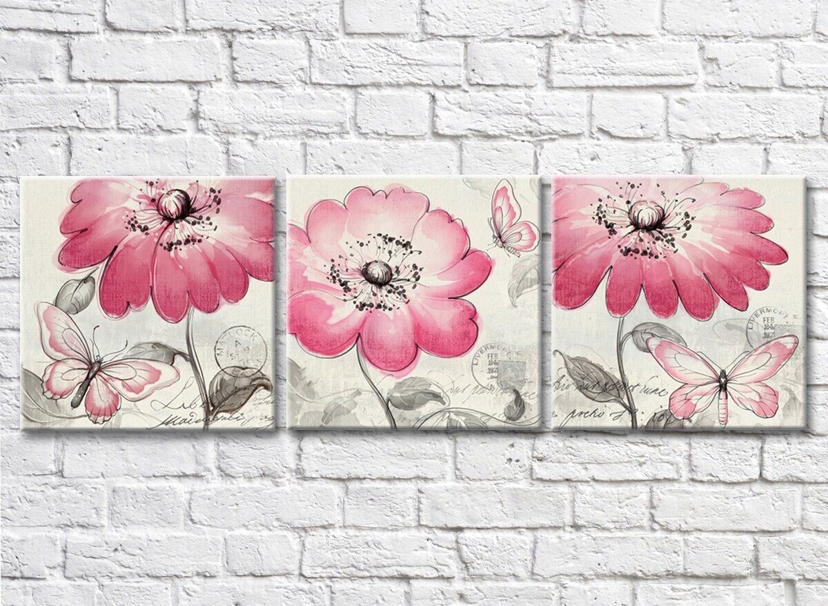 Pictură Gallerix Pink flowers and butterflies on gray vintage background (500593)