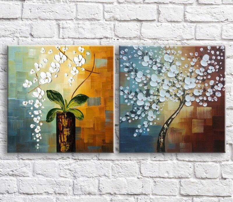 Pictură Magic Color White cherry blossoms and vase, oil, diptych (3467651)