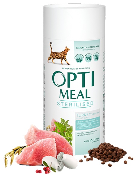 Hrană uscată pentru pisici Optimeal Adult Cat Sterilised Turkey & Oats 650g