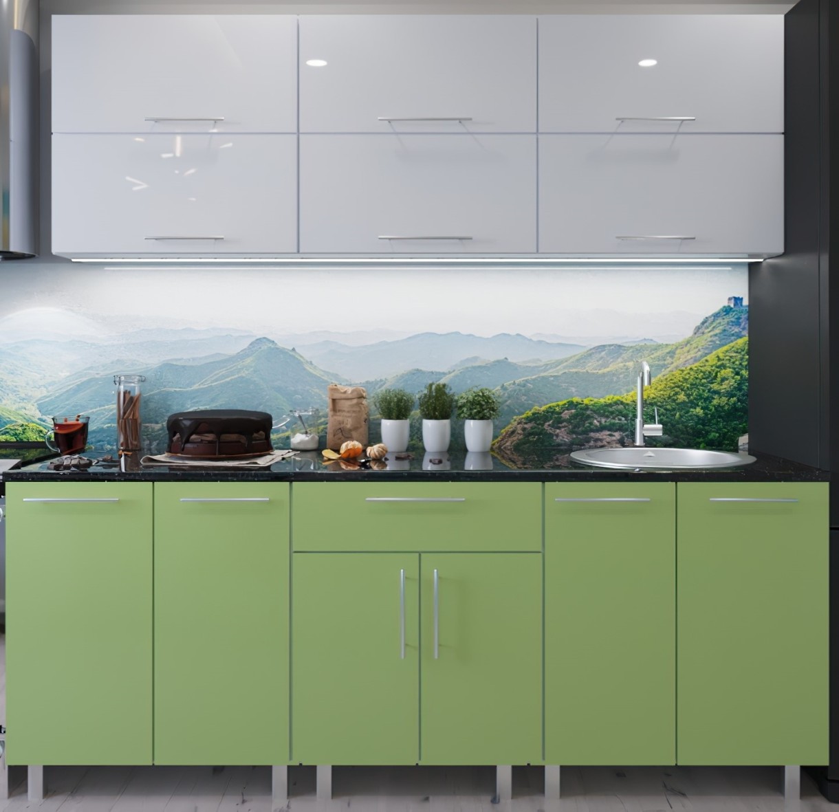 Кухонный гарнитур Bafimob Modern (High Gloss) 2.4m no glass White/Green