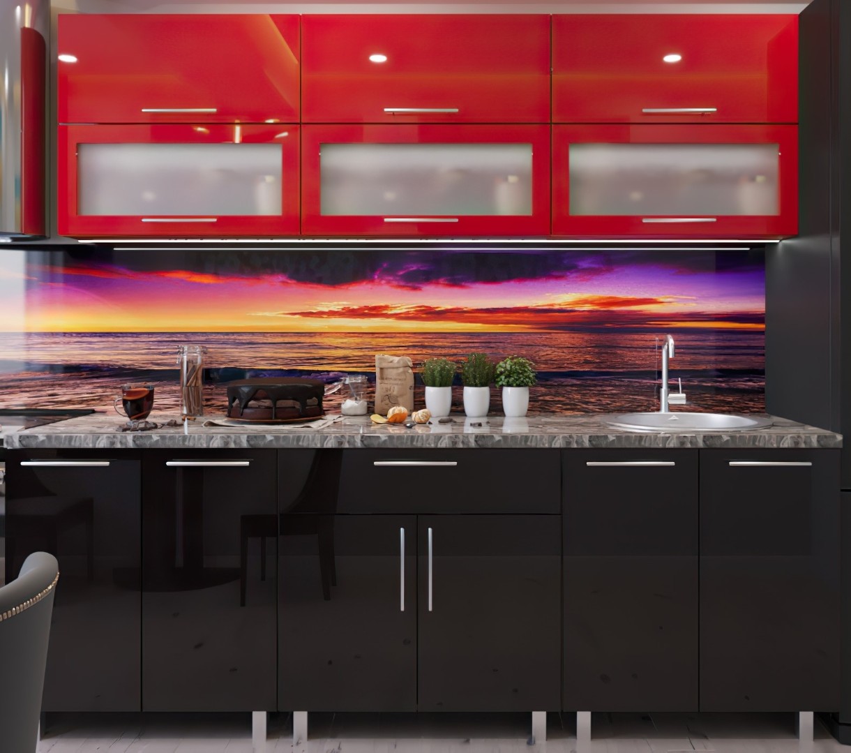 Bucătărie Bafimob Modern (High Gloss) 2.4m glass Black/Red