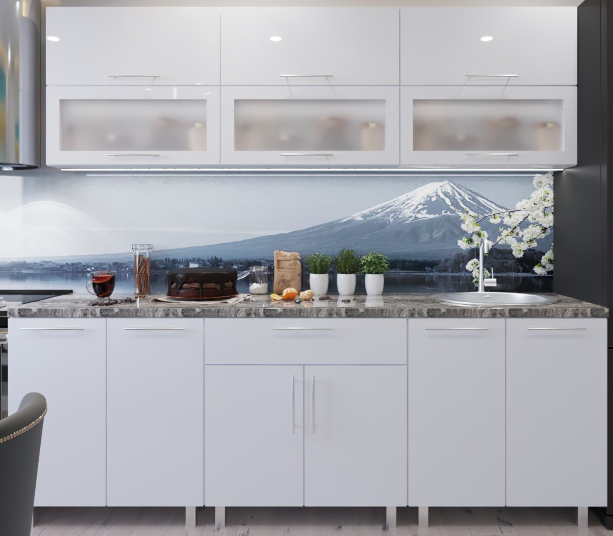 Bucătărie Bafimob Modern (High Gloss) 2.4m glass White