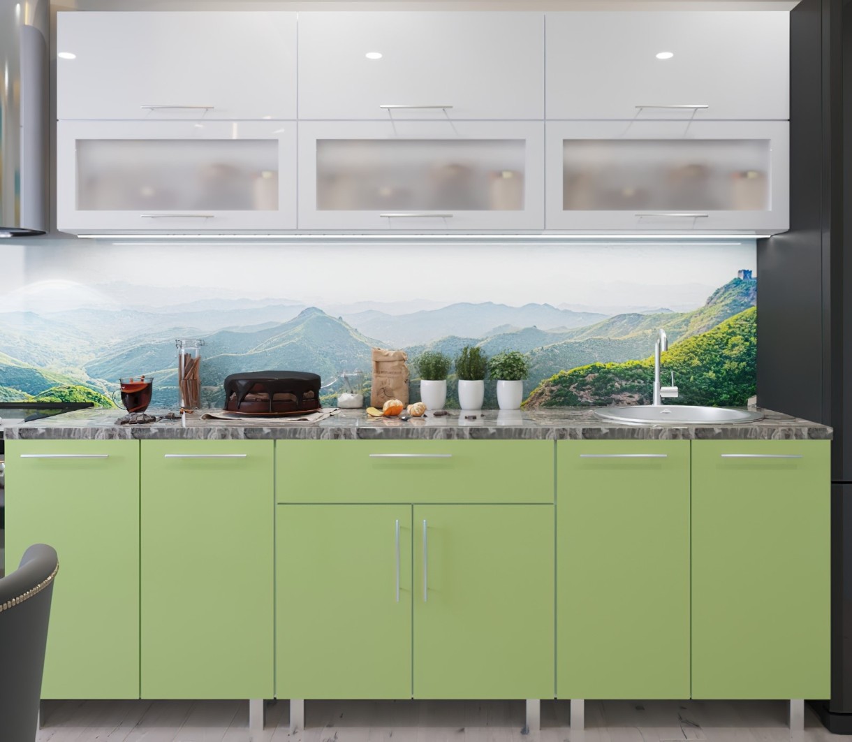 Кухонный гарнитур Bafimob Modern (High Gloss) 2.4m glass White/Green
