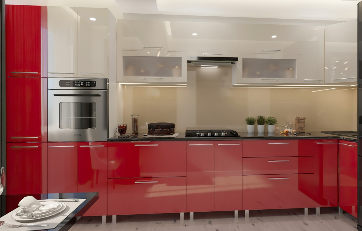 Bucătărie Bafimob Corner (High Gloss) 4.1x0.9m Eco +tandembox Beige/Red