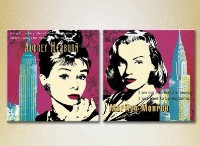 Pictură ArtPoster Audrey Hepburn and Marilyn Monroe stylization on a raspberry background (3460041)