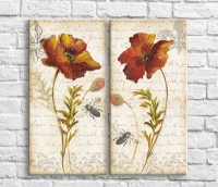 Pictură Magic Color Dark/Orange poppies and bees on the background of the text, vintage, diptych (3467634)