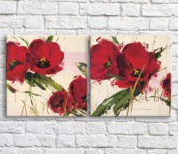Pictură ArtPoster Red tulips in oil on a Light/Pink background (3467751)