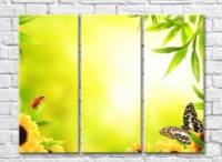 Pictură Rainbow Variegated butterfly and ladybug on a yellow green background with plants (500509)