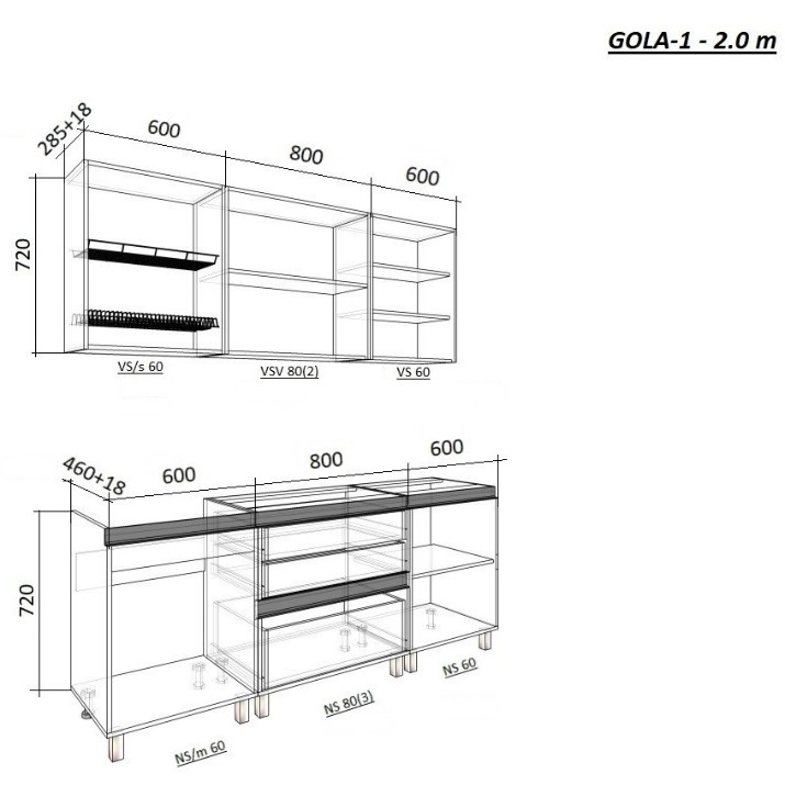 Bucătărie Bafimob Gola-1 Glass (High Gloss) 2.0m White/Grey