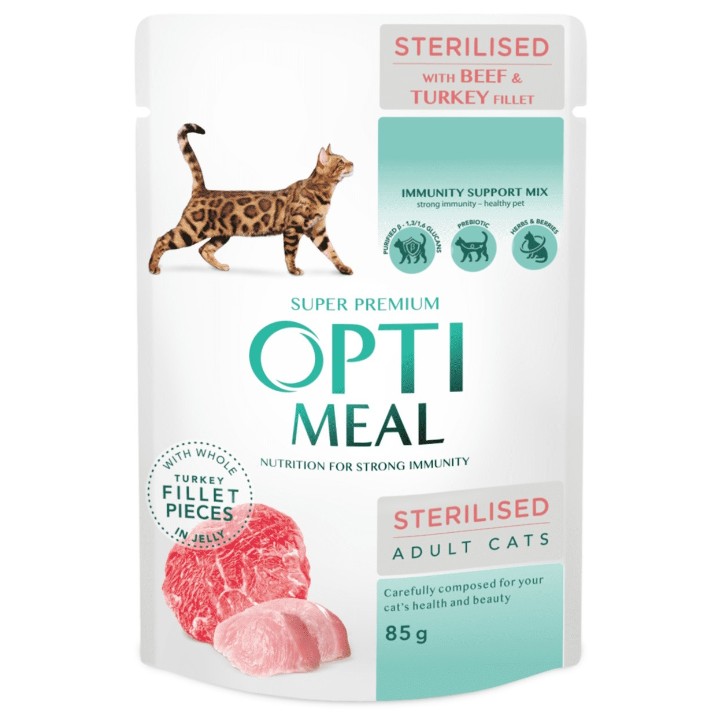 Hrană umedă pentru pisici Optimeal Adult Cats Sterilised Beef & Turkey 85g