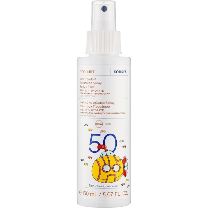 Spray de protecție solară Korres Yoghurt Kids Comfort Sunscreen Body & Face SPF50 150ml
