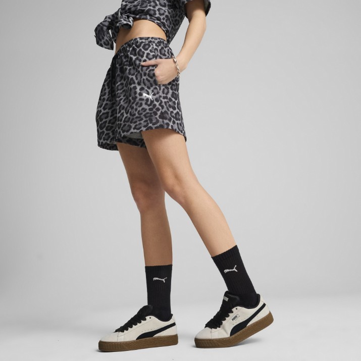 Pantaloni scurți dame Puma Wardrobe Ess Leo Luxe A-Line Aop Shorts 3 Wv Puma Black, s.XS