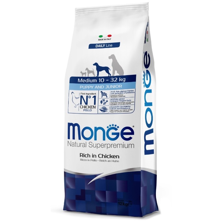 Hrană uscată pentru câini Monge Medium Puppy & Junior Rich in Chicken 12kg