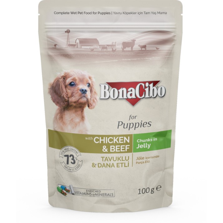 Hrană umedă pentru câini BonaCibo Puppies Chicken&Beef 100g 12pcs