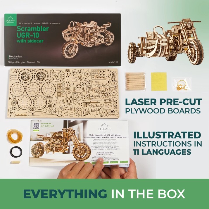 3D-puzzle UGears Motorcycle Scrambler UGR-10 With Sidecar (UTG0072)