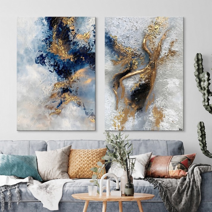 Pictură ArtShop Golden Abstraction With Blue and Gray Diptych 30x45cm (SET574)