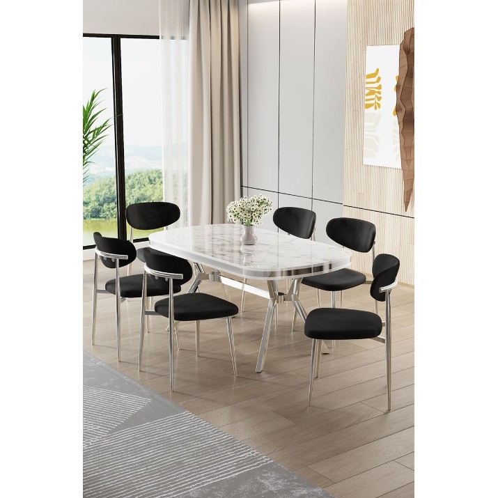 Set mobilă pentru bucătărie Hanah Home Olya White Marble Chrome Black