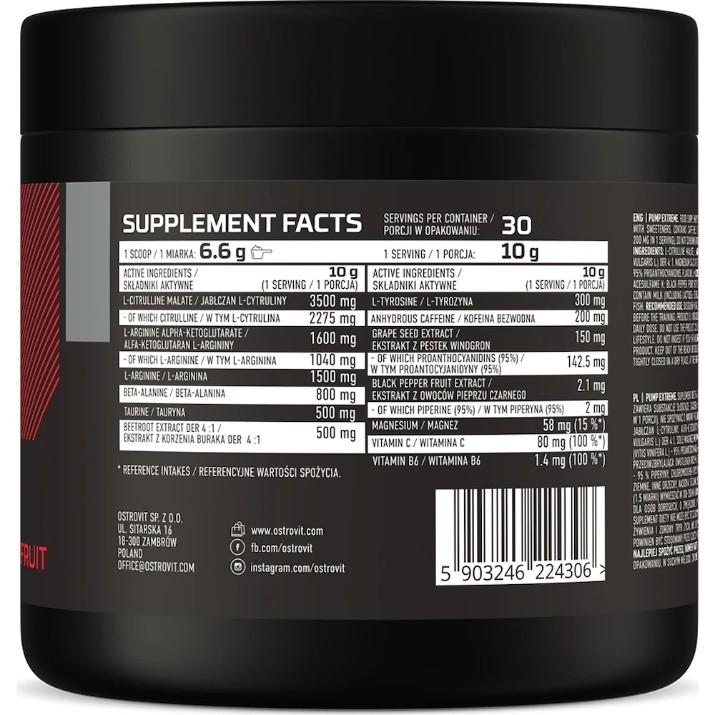 Предтренировочный комплекс Ostrovit Pump Extreme 300g Grapefruit