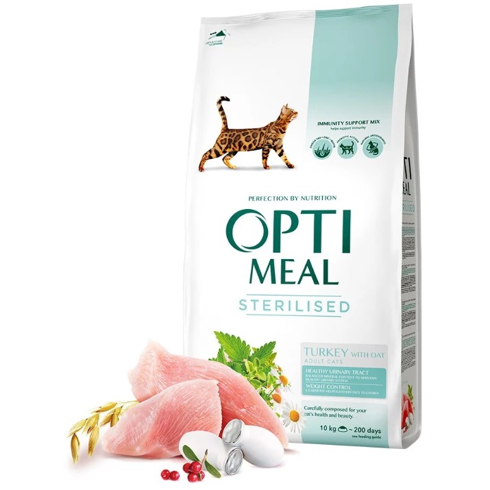Hrană uscată pentru pisici Optimeal Adult Cat Sterilised Turkey & Oats 10kg
