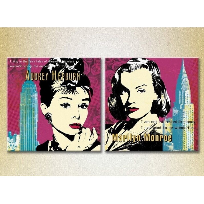 Pictură ArtPoster Audrey Hepburn and Marilyn Monroe stylization on a raspberry background (3460041)