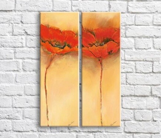 Pictură Magic Color Red poppies in oil on a Beige background, diptych (3467632)