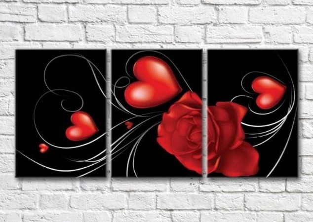 Картина Magic Color Red rose and hearts on a Black background (3565224)