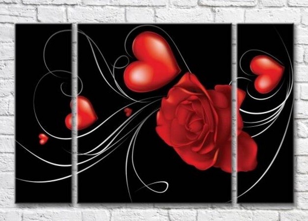 Pictură Magic Color Red rose and hearts on a Black background 1 (3565175)