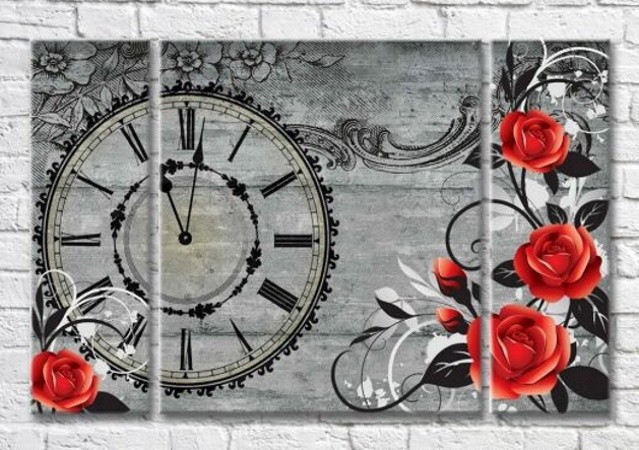 Картина Magic Color Red roses on vintage background with clock (3565159)
