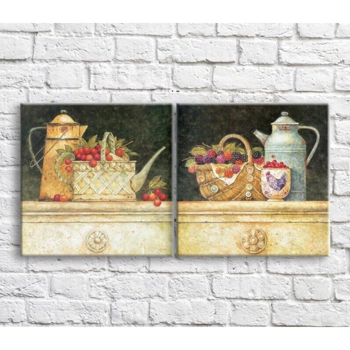 Картина ArtPoster Basket with berries and kettle on a Green background (3478802)
