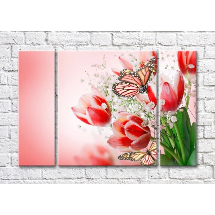 Картина Magic Color Bouquet of colorful Red tulips and butterflies (500127)