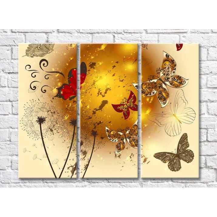 Pictură ArtPoster Butterflies and dandelions on a Beige background with a Golden sun (500057)