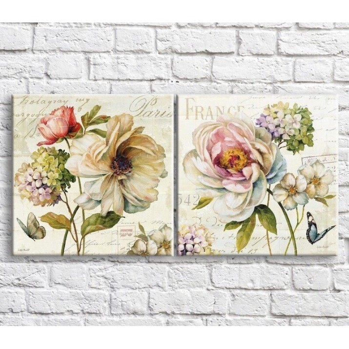 Картина ArtPoster Butterflies and flowers multicolored on a Beige background, diptych (3467648)