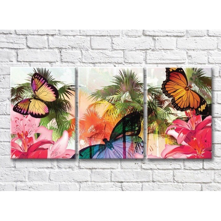 Pictură ArtPoster Butterflies and lilies on the background of tropical plants (3565216)