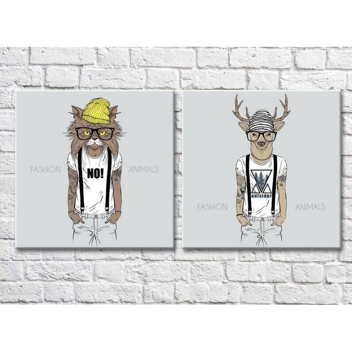 Pictură ArtPoster Cat and deer in suspenders (3447716)