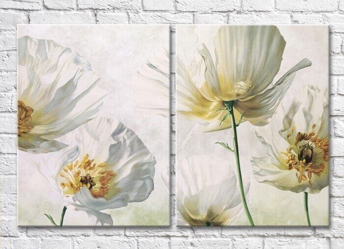 Pictură Magic Color Diptych White poppies on a Light background (3428027)