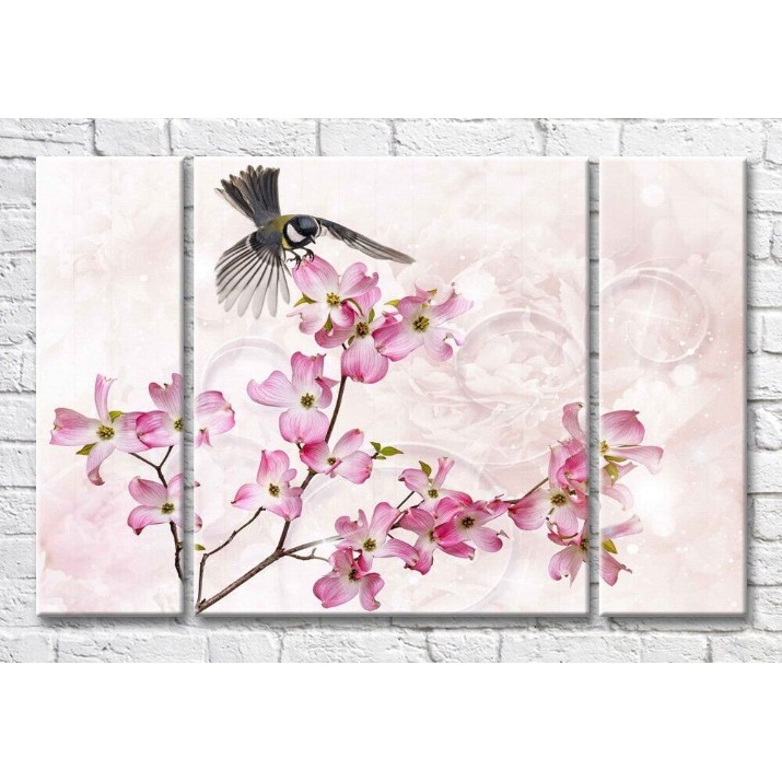 Pictură Magic Color Pink Flower Branch & Tit (3565170)