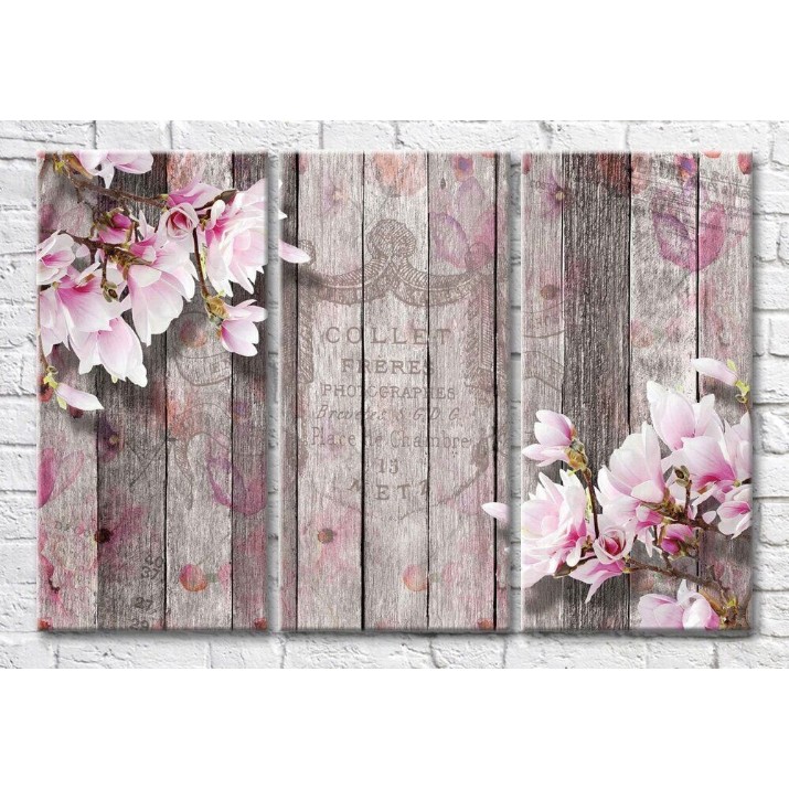 Pictură Magic Color Pink magnolia on vintage plank background with lettering (3565126)