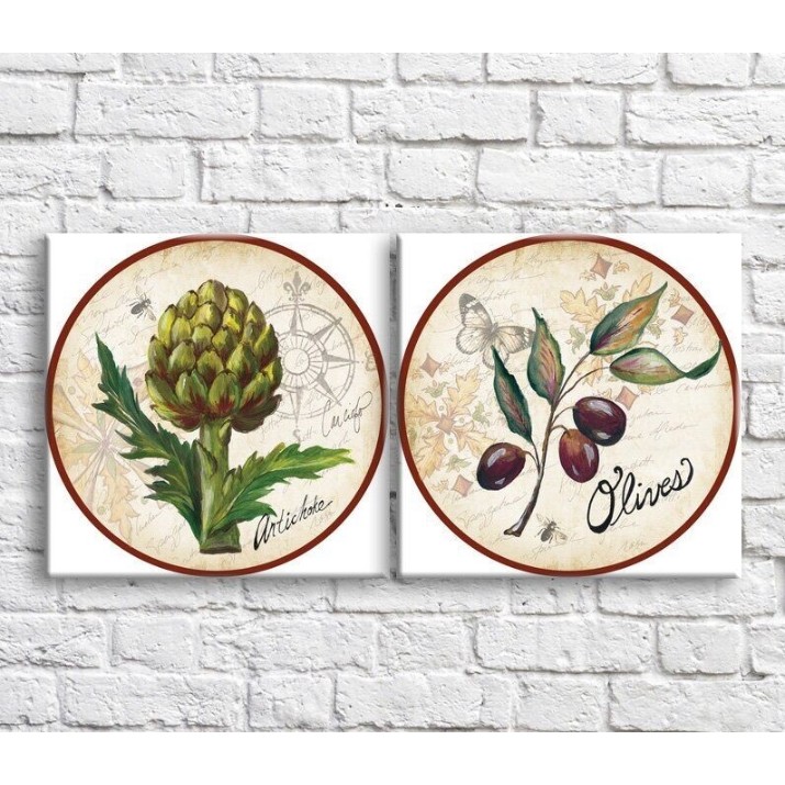 Pictură ArtPoster Olives and artichokes against a background of butterflies and patterns (3478754)