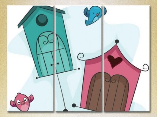 Pictură Magic Color Triptych Birdhouses and Birds (2229699)