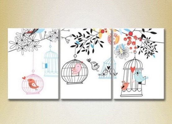Pictură Magic Color Triptych Birds, Cages and Trees (2229652)