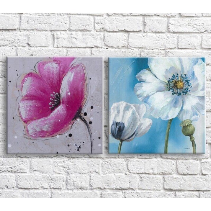 Картина ArtPoster Pink and White poppies on Blue and Gray backgrounds (3467782)