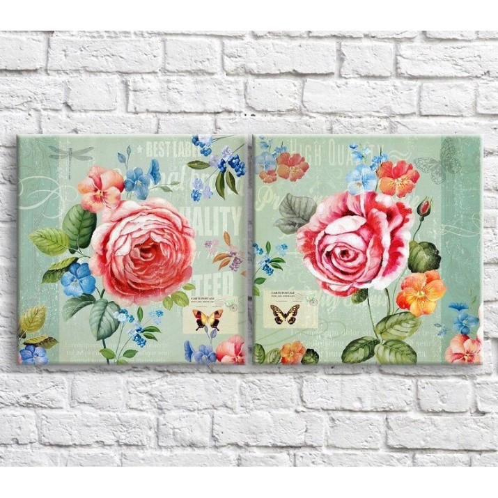 Картина ArtPoster Pink roses and butterflies on a Blue background (3467787)