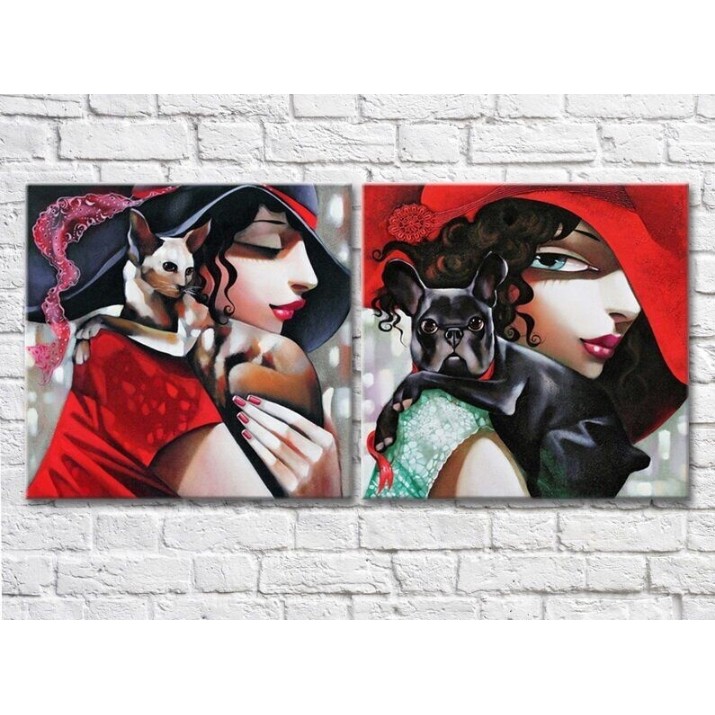 Pictură ArtPoster Portraits of girls with a dog and a cat the work of a modern artist (3460047)