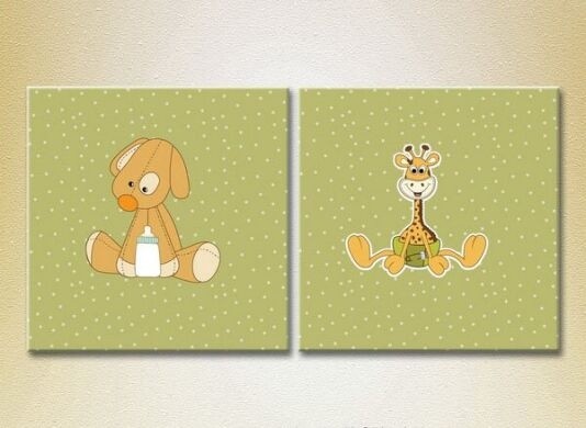 Pictură ArtPoster Puppy and giraffe on a Green background (2225888)