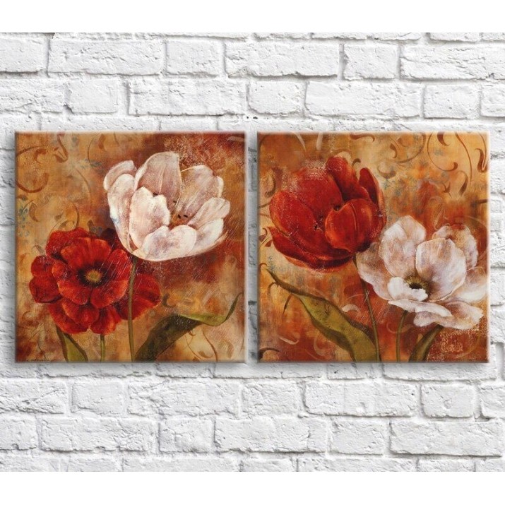 Pictură ArtPoster Red and White poppies on an Orange background with patterns, diptych (3467730)