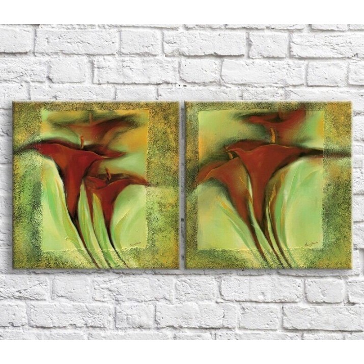 Pictură ArtPoster Red calla lilies in oil on Light/Green background (3467815)